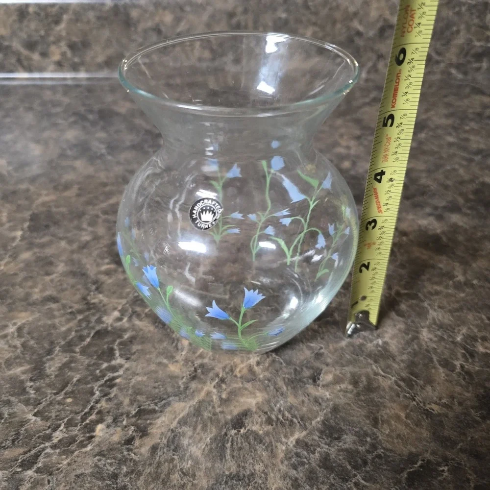 Vintage Glass Small Flower Vase Blue Wildflowers Handcrafted in Turkey
